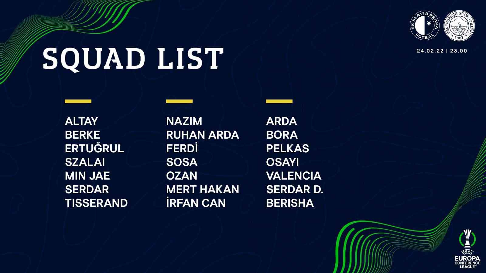 Fenerbahçe, Slavia Prag maçı kamp kadrosunu açıkladı Fenerbahçe, UEFA Avrupa Konferans Ligi play-off turu rövanş maçında Çekya’da karşılaşacağı Slavia Prag maçının kamp kadrosunu açıkladı ...