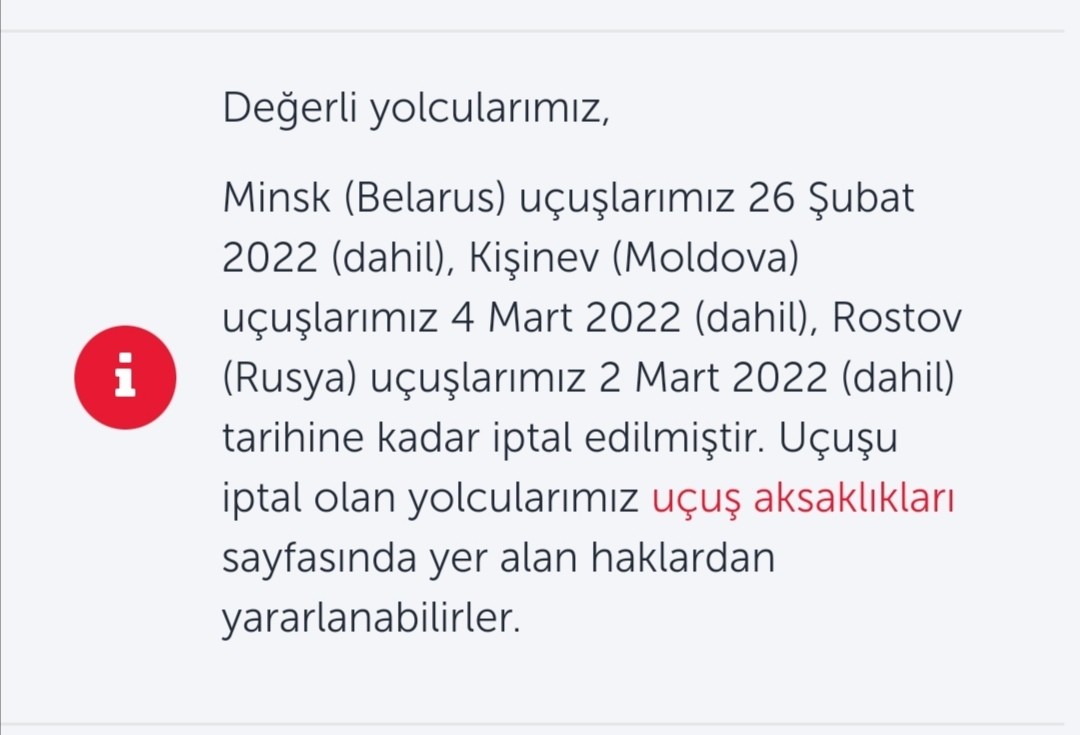 THY’nin Rostov, Minsk ve Kişinev seferleri iptal edildi Türk Hava Yolları(THY), 26 Şubat’a kadar Belarus’un Minsk, 2 Mart’a kadar Rusya’nın Rostov, 4 Mart’a kadar ise Moldova’nın Kişinev şehirlerine ...