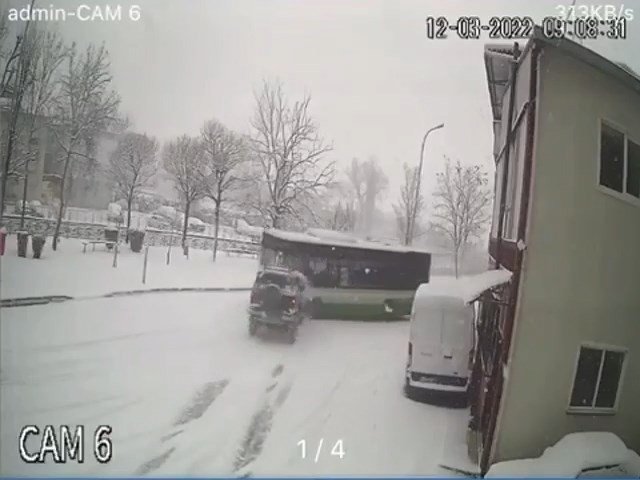 Bursa’da kar yağışı sonrası buzlanma sebebiyle yollar buz pistine dönerken, arazi aracı kayarak karşı yönden gelen halk otobüsüne kafadan çarptı ...