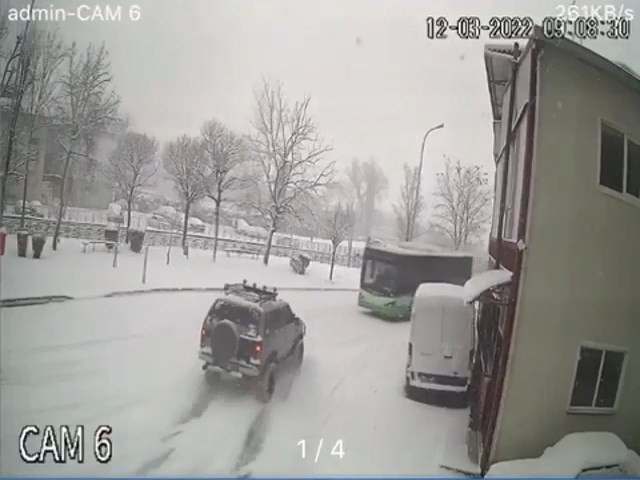 Bursa’da kar yağışı sonrası buzlanma sebebiyle yollar buz pistine dönerken, arazi aracı kayarak karşı yönden gelen halk otobüsüne kafadan çarptı ...