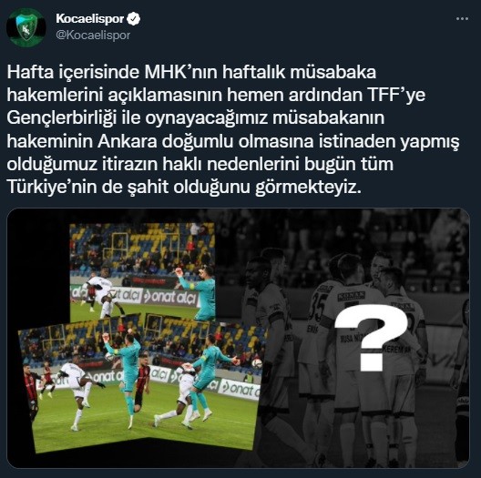 Spor Toto 1. Lig’in 29. haftasında Gençlerbirliği ile 1-1 berabere kalan Kocaelispor’dan hakem camiasına yönelik açıklama geldi. Spor Toto 1. Lig ...