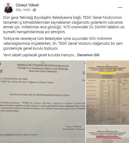 Tekirdağ Büyükşehir Belediyesi TESKİ’nin yüzde 70’lik su zammı teklifi, Süleymanpaşa Belediye Başkanı Cüneyt Yüksel’in yüzde 70’lik zammı ...