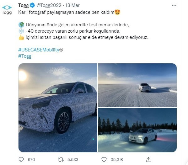 TOGG eksi 40 derecede test edildi TOGG’un resmi Twitter hesabından yapılan paylaşımda, aracın eksi 40 derecede test edildiği açıklandı. TOGG’un, ’Karlı fotoğraf paylaşmayan sadece ...