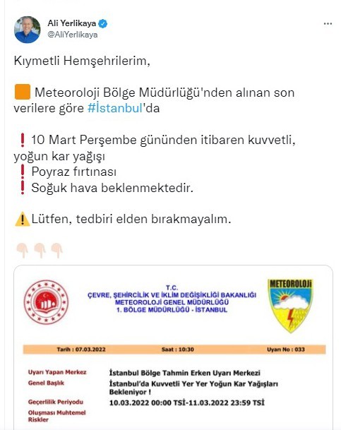 Vali Yerlikaya, beklenen kar yağışına karşı İstanbulluları uyardı İstanbul Valisi Ali Yerlikaya, Meteoroloji Bölge Müdürlüğü’nden alınan son verileri sosyal medya hesabında paylaşarak vatandaşları uyardı. Vali ...