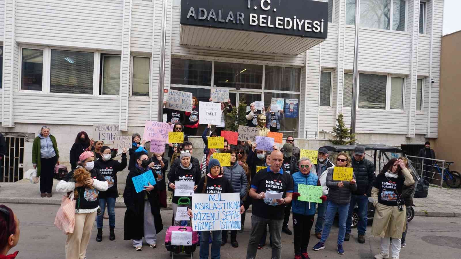 Büyükada’da ‘4 Nisan Dünya Sokak Hayvanları Günü’ dolayısıyla Adalar Belediyesi binasının önünde toplanan hayvanseverler, veterinerlik ...