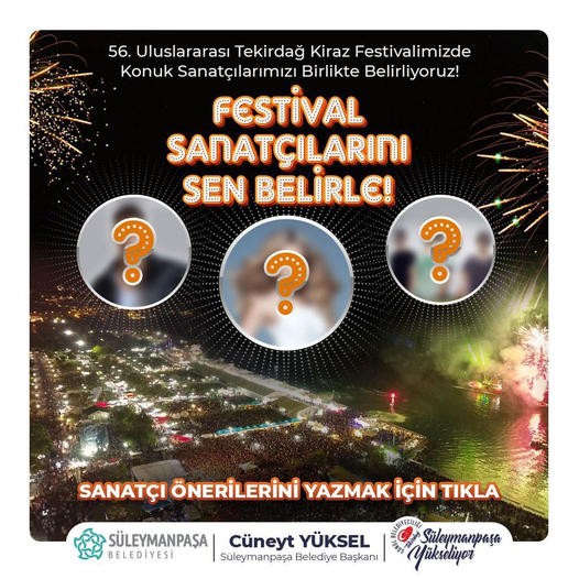 Festival sanatçılarını vatandaş belirleyecek Tekirdağ’da 56 yıldır gerçekleştirilen Uluslararası Kiraz Festivali’ne sahne alacak sanatçıları yapılacak oylama sonucunda halk belirleyecek ...