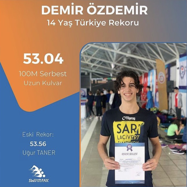 14 yaşında, 34 yıllık Türkiye rekorunu kırdı Demir Özdemir, Mersin’de düzenlenen Okul Sporları Yıldızlar Yüzme Şampiyonası’nda 34 yıldır kırılamayan 100 metre serbest rekorunu eline geçirdi ...