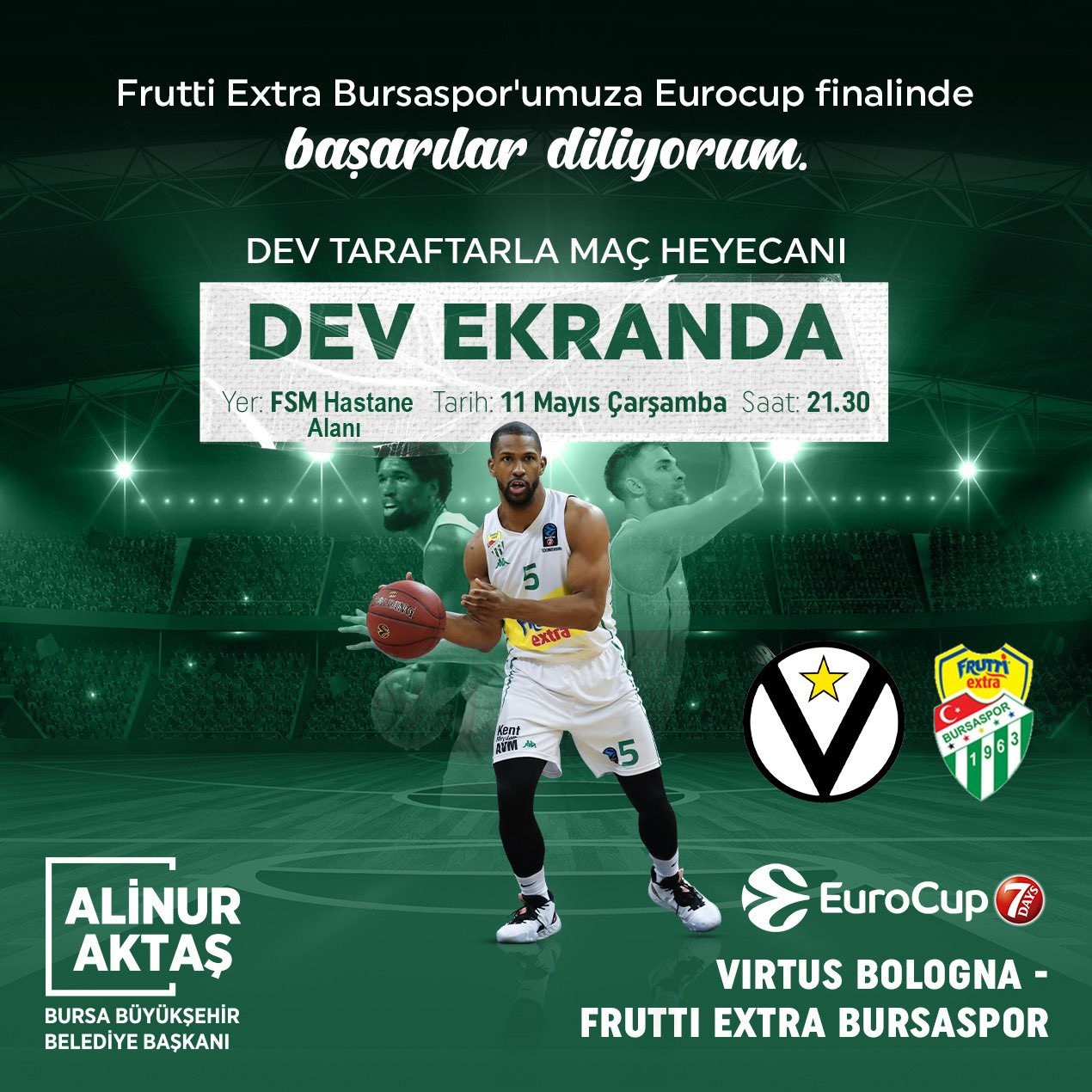 Bursa Büyükşehir Belediye Başkanı Alinur Aktaş, Frutti Extra Bursaspor’un İtalya’da oynayacağı EuroCup finali için FSM Hastane Alanı’na dev ekran ...