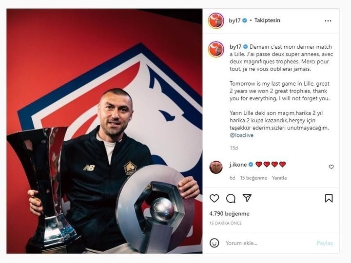 Burak Yılmaz’dan Lille’e veda Fransa’da Lille forması giyen milli futbolcu Burak Yılmaz, sosyal medyadan yaptığı paylaşımla takımına veda etti. 36 yaşındaki forvet, "Yarın ...