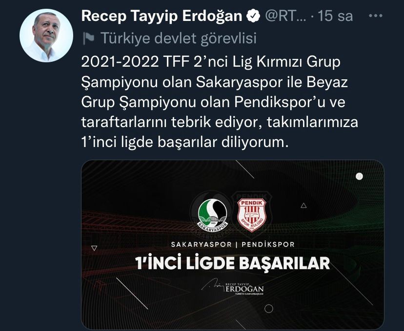 Cumhurbaşkanı Erdoğan Sakaryaspor’u tebrik etti Cumhurbaşkanı Recep Tayyip Erdoğan sosyal medya hesabı üzerinden, 2021-2022 Sezonu TFF 2. Lig Kırmızı Grup Şampiyonu olan Sakaryaspor’u tebrik ...