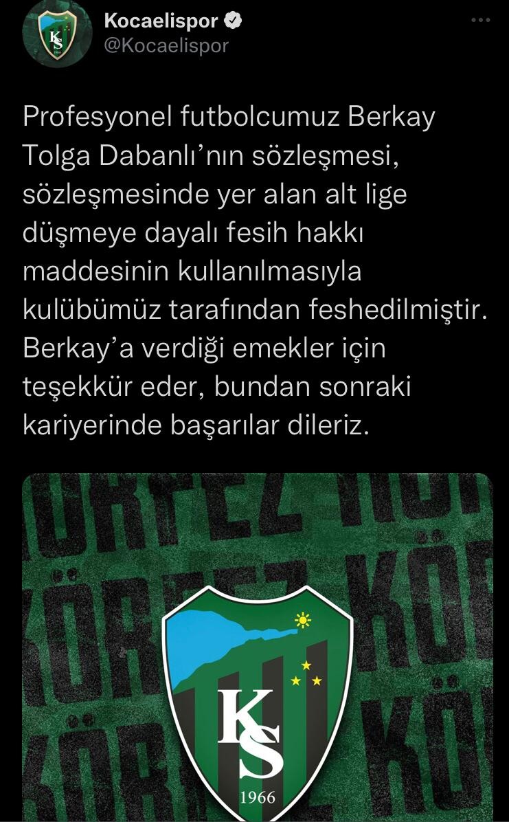 Kocaelispor’da Berkay Dabanlı ile yollar ayrıldı Kocaelispor’da devre arası takıma katılan Berkay Dabanlı’nın sözleşmesindeki madde devreye girdi. Tecrübeli oyuncunun sözleşmesi alt lige düşmeye ...