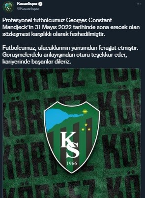 Kocaelispor’da Mandjeck ile yollar ayrıldı Spor Toto 1. Lig’de küme düşen Kocaelispor’da Kamerunlu futbolcu Georges Mandjeck’in sözleşmesi karşılıklı olarak feshedildi. Spor Toto 1. Lig’e ...