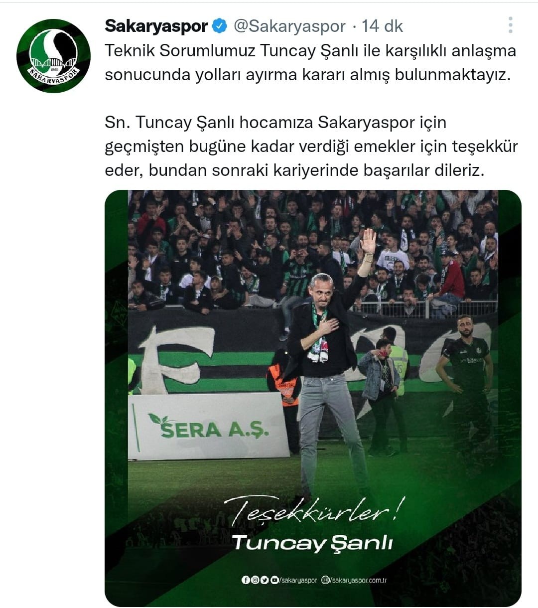 Sakaryaspor, Tuncay Şanlı’yla yollarını ayırdı Sakaryaspor yönetimi, TFF 2. Lig’de son 5 maçta göreve getirilen ve kazanılan şampiyonlukta teknik direktör olarak görev alan Tuncay Şanlı ile ...
