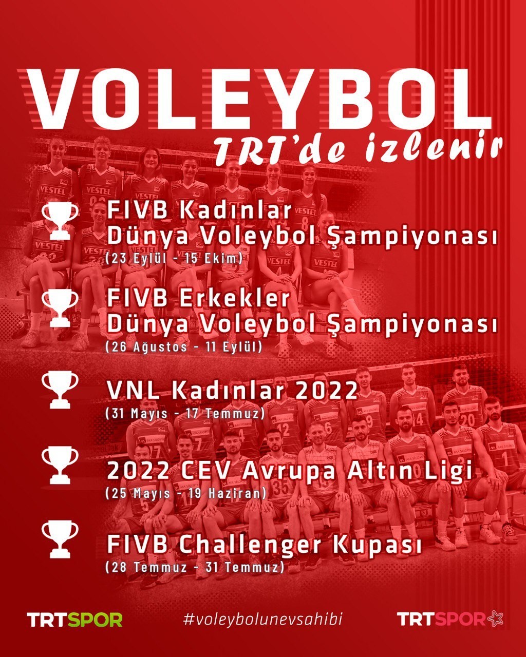 Kadın ve Erkek Milli takımlarının Avrupa ve Dünya şampiyonalarındaki maçları canlı yayınla TRT ekranlarından sporseverlerle buluşacak. FIVB ...